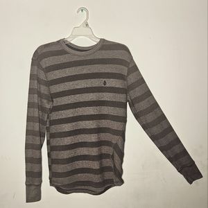 Volcom Sweater Brown Striped Pullover Crewneck Thermal Sweater Waffle Knit